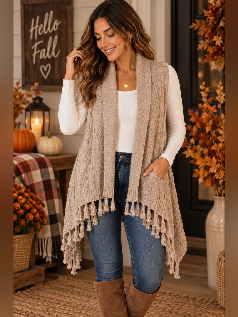 Matilda Jane Beige Cable Knit Tassel Open Front Sweater Vest Cardigan Size S